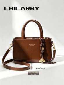 Women's Elegant Small Square Handbag, Solid Brown Square Tote Bag With Detachable Shoulder Strap, Metal Dog Charm, Letter Print Pattern, Zipper Closure, Polyester Lining, Vintage Chic Style, Suitable For Shopping And Dating - Brown - View 9