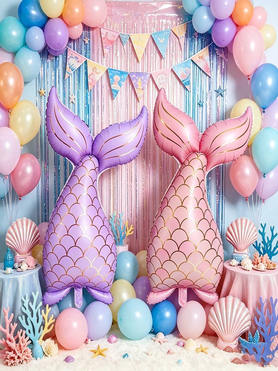 2pcs 39.3 Inch New Mermaid Themed Balloons, Ocean Decor For Birthday Party, Holiday Decoration Balloons - Multicolor - View 1
