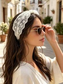 1pc Women's Lace Headband, Bohemian Floral Embroidered Sheer Mesh Hair Hoop, Vintage Wavy Edge Headscarf, Vacation Beach Holiday Hair Accessory - Multicolor - View 2