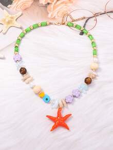 1 pieza Collar con colgante de estrella de mar estilo océano de verano Dopamina, joyería de vacaciones personalizada hecha a mano con cuentas y bloques de color de nicho - Collar con colgante de estrella de mar - Ver 3