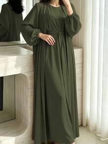 1 Set Soft Muslim 3-Piece Abaya Dress Inner Layer + Cardigan + Belt Classic Versatile Style - Multicolor - View 12