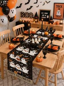 1件黑色可愛白色幽靈圖案亞麻桌旗，印有Happy Halloween字樣，恐怖又可愛的餐桌居家裝飾，萬聖節派對用品，秋季節慶裝飾 - A - 查看 7