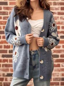Cardigan Rajut Jacquard Bunga Berkerah V Ukuran Besar dengan Kancing Depan dan Tekstur Berbulu untuk Liburan Musim Gugur dan Musim Dingin - Baja Biru Cerah - View 5