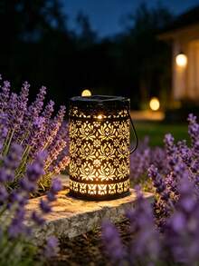 1pc Black Peony Hollow Solar Lantern With Hanging Handle, LED Projection Light, Waterproof Outdoor Landscape Light, Suitable For Patio, Yard, Pathway, Garden, Wedding, Holiday, Party Decoration - Multicolor - View 1