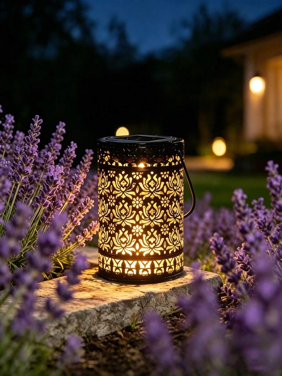 1pc Black Peony Hollow Solar Lantern With Hanging Handle, LED Projection Light, Waterproof Outdoor Landscape Light, Suitable For Patio, Yard, Pathway, Garden, Wedding, Holiday, Party Decoration - Multicolor - View 1