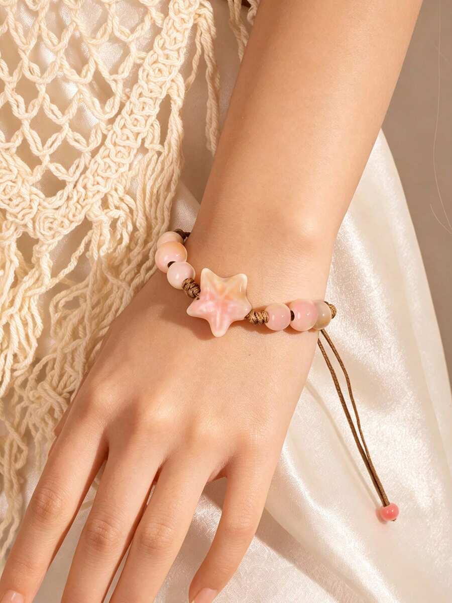 1pc Cute Pink Gradient Starfish Woven Bracelet, Fresh & Gentle Style Adjustable Drawstring Beaded Hand Accessory, Beach Accessory - A - View 1