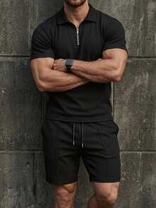 DAZY Men's 2-Piece Set, Classic Zip Lapel Short Sleeve Polo Shirt Made Of Waffle Fabric + Shorts - Black - View 8