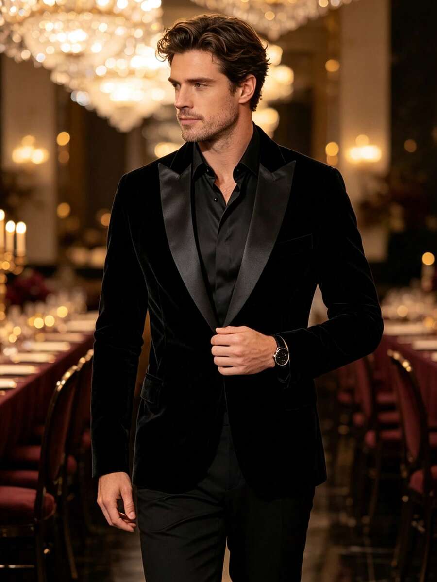 Men's Velvet Suit Jacket, Formal Wear For Banquet, Stage Performance, Evening Gown - Black - View 1