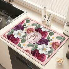 1pc Camellia Pattern Printed Diatomaceous Earth Kitchen Dish Drying Mat, Absorbent Dish Drying Pad, Coffee Machine Mat, Dishwashing Mat, Sink Mat, Kitchen Countertop Protector, Suitable For Cups, Plates, Tableware And Kitchen Decor - Multicolor - View 3