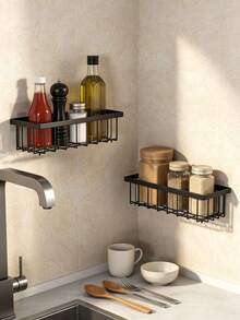 Scaffale da parete per spezie e prodotti da cucina con installazione senza foratura. Adatto per organizzare utensili da cucina, articoli da bagno, barattoli di spezie, prodotti per la cura della pelle e altro; può essere appeso in cucina, bagno, dietro le porte o nell'ingresso. - nero - Visualizzare 6