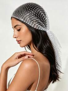 1pc Rhinestone Fishnet Headscarf, Crystal Fishnet Headwrap, Sparkling Rhinestone Mesh Long Tail Hair Cap, Party Bridal Styling Headpiece, Elastic Hairband, Luxury Black Rhinestone Mesh Headwrap Scarf - A - View 6
