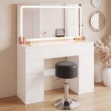 Devoko Modern Vanity Table With Extra Large LED Mirror, 3 Light Colors And Dimmable Brightness, Dressing Table With Glass Top, 9 Drawers, Power Strip And Hair Dryer Holder, White/Black - 查看 2