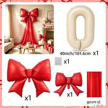 Red Bow Milk White Number Balloon 0-9, Red Chiffon Bow Balloon, Used For Bridal Shower, Anniversary, Birthday Decoration, Photo Props, Valentine's Day, Theme Party - Red Bow Cream Number Balloon - View 7