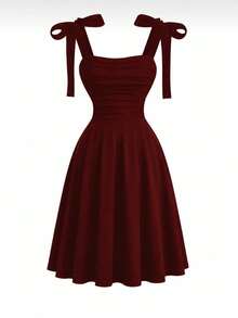 Shoulder Tie Bow Strap Midi Dress 9564 - Burgundy - View 1