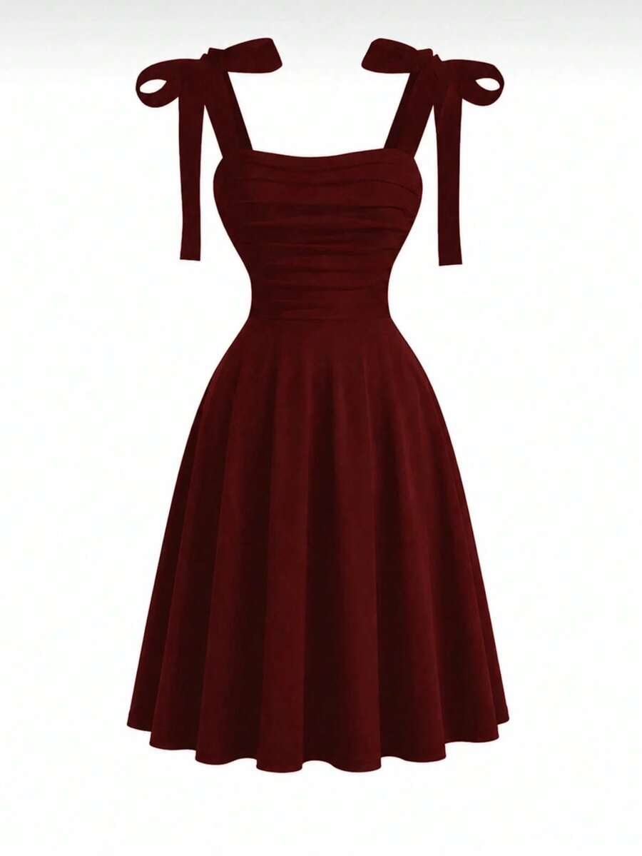 Shoulder Tie Bow Strap Midi Dress 9564 - Burgundy - View 1