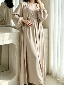 1 Set Soft Muslim 3-Piece Abaya Dress Inner Layer + Cardigan + Belt Classic Versatile Style - Multicolor - View 11