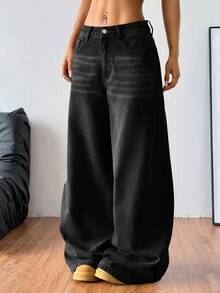 Pantalones vaqueros negros de talle alto estilo retro para mujer, nuevo estilo veraniego, ropa informal para el día a día, pantalones de pierna ancha, pantalones de pierna recta - Negro - Ver 4
