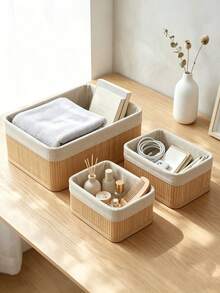 3pcs Woven Storage Baskets With Removable Fabric Liners, Natural Bamboo Rattan Appearance, Kitchen Storage Boxes, Wardrobe Organizer Baskets, Woven Baskets, Multi-Purpose Decorative Storage Boxes, Suitable For Bathroom, Bedroom, Cabinet, Drawer, Wardrobe, Office And More. - View 1