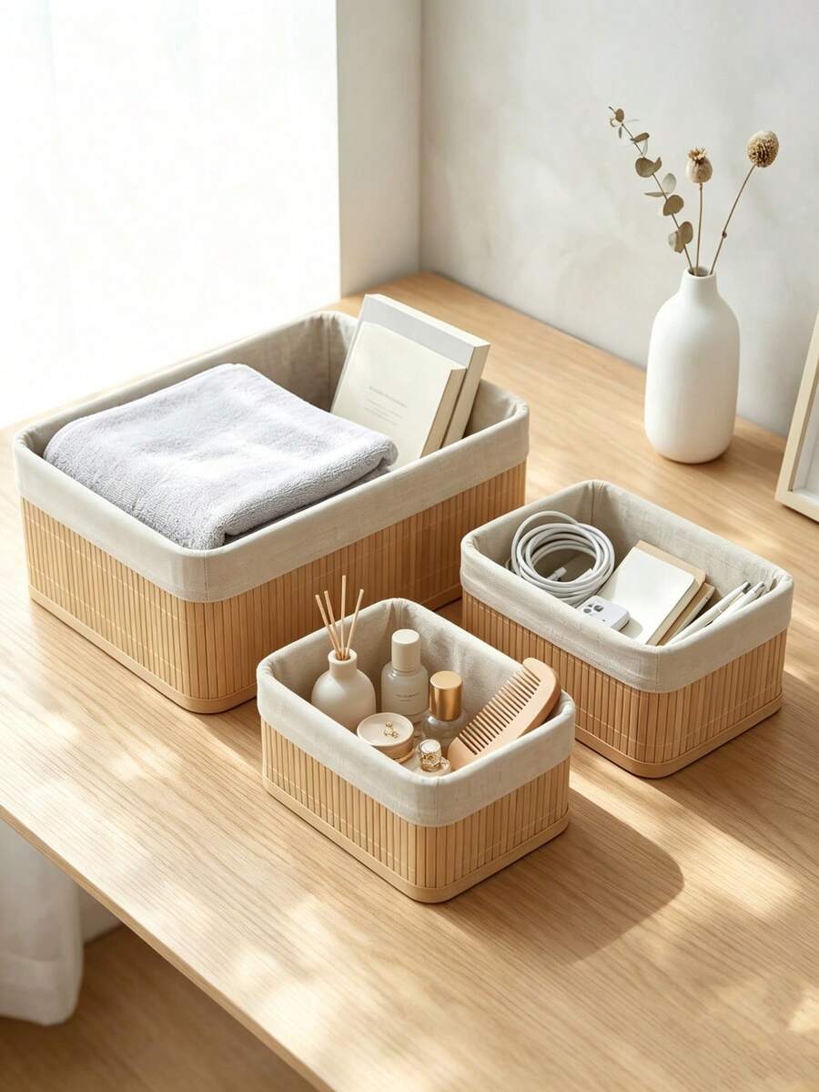 3pcs Woven Storage Baskets With Removable Fabric Liners, Natural Bamboo Rattan Appearance, Kitchen Storage Boxes, Wardrobe Organizer Baskets, Woven Baskets, Multi-Purpose Decorative Storage Boxes, Suitable For Bathroom, Bedroom, Cabinet, Drawer, Wardrobe, Office And More. - View 1