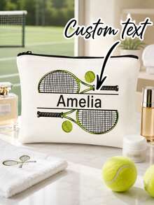1pc Customized Personalized Tennis Racket Pattern Design Makeup Bag - Customized Name Cosmetic Bag, Neutral Zipper Toiletry Bag - Multicolor - View 3