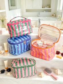 Portable Vertical Stripe Cosmetic Case Waterproof Large Makeup Bag Cute Aesthetic Toiletry Bag Handheld Beauty Handbag For Women Daily & Vacation Use - Multicolor - View 2