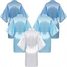 5 Pieces Bride Bridesmaids Robe Set Silky Bathrobe Bridal Shower Wedding Party,Weeding Season Short Dress Gown Initial Letter Robe, Morning Robe And Sleeping Robe - White and Blue Combination - View 3