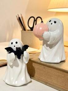 1pc Cute Halloween Ghost Resin Figurine, Holding Pink Pumpkin And Bat Statue Design, Mini Spooky Desktop Decor, Suitable For Multi-Layer Tray, Autumn Home Shelf Room Decoration. Halloween Essential Gift. Halloween Decor / Halloween / Halloween Home Decor - one-size - View 2