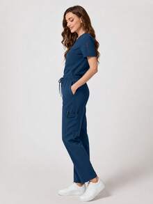 Women's V-Neck Multi-Pocket Scrubs Nurse Scrub, Workwear For Dentist, Healthcare, Pet Hospital, Laboratory Fall - Navy Blue - View 8