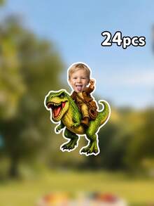Custom Photo Kid Riding T-Rex Dinosaur Banner,Explorer Outfit Portrait Garland,Green T-Rex Themed, Birthday Gift For Dino Lover,Dinosaur Party Decor - Multicolor - View 10