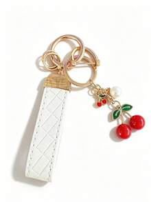 1pc Unisex Red Plaid Keychain + Cute Cherry Pendant, Zinc Alloy Minimalist Style PU Leather Strap Key Ring, Suitable For Various Keys And Car Keys, Small Gift For Family And Friends - A - View 12