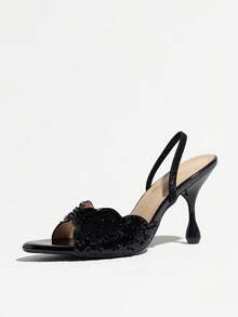 Women's Black Asymmetrical Heel High Heel Sandals, Round Toe Open Toe With Back Strap, Exquisite Sequin And Bead Decoration Luxury, Mirror Texture High-End Comfortable, Fashionable Romantic Elegant, Perfect For Creating Light Luxury, Party, Date, Vacation Or Wedding Looks, Eye-Catching Gold High Heel Women's Shoes - Black - View 6