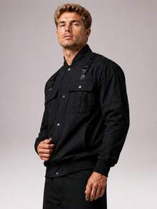 CZRLHYT Men's Tactical Bomber Jacket, Multi Pocket Utility Jacket With Stand Collar, Snap Button Front Long Sleeve Casual Outdoor Work Coat, Black - Black - View 3