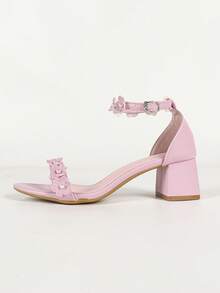 Women's Plus Size Wide Toe Box 3D Floral Pearl Decor Solid Color Open Toe Double Ankle Strap Tie-Up Chunky Square Heel Sandals, Fresh Sweet Style, Summer Date Light Blue - Baby Pink - View 6