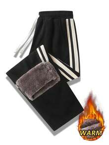 Men's Velvet Lined Side Stripe Straight Leg Casual Sports Pants, Elastic Drawstring Waist Winter Jogging Pants - Black - View 1