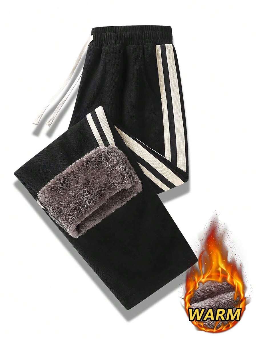 Men's Velvet Lined Side Stripe Straight Leg Casual Sports Pants, Elastic Drawstring Waist Winter Jogging Pants - Black - View 1