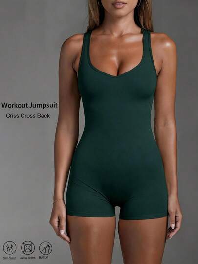 Women's Casual Sports One-Piece Jumpsuit, Criss-Cross Square Neck Backless Adjustable Shoulder Strap Athletic Fitness Tight Jumpsuit, Suitable For Yoga, Gym, Daily Wear, Running