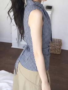 Korean Style Retro Plaid Bow Tie Cinched Waist Pleated Design Sleeveless Tank Top Casual Summer - Blue - View 6