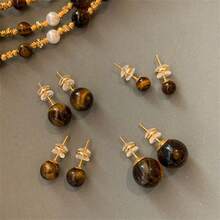 Écloséra 1pc 24K Golden Natural Stone Style Tiger Eye Stone Stud Earrings Simple Retro Temperament Earrings Ear Jewelry - Multicolor - View 3