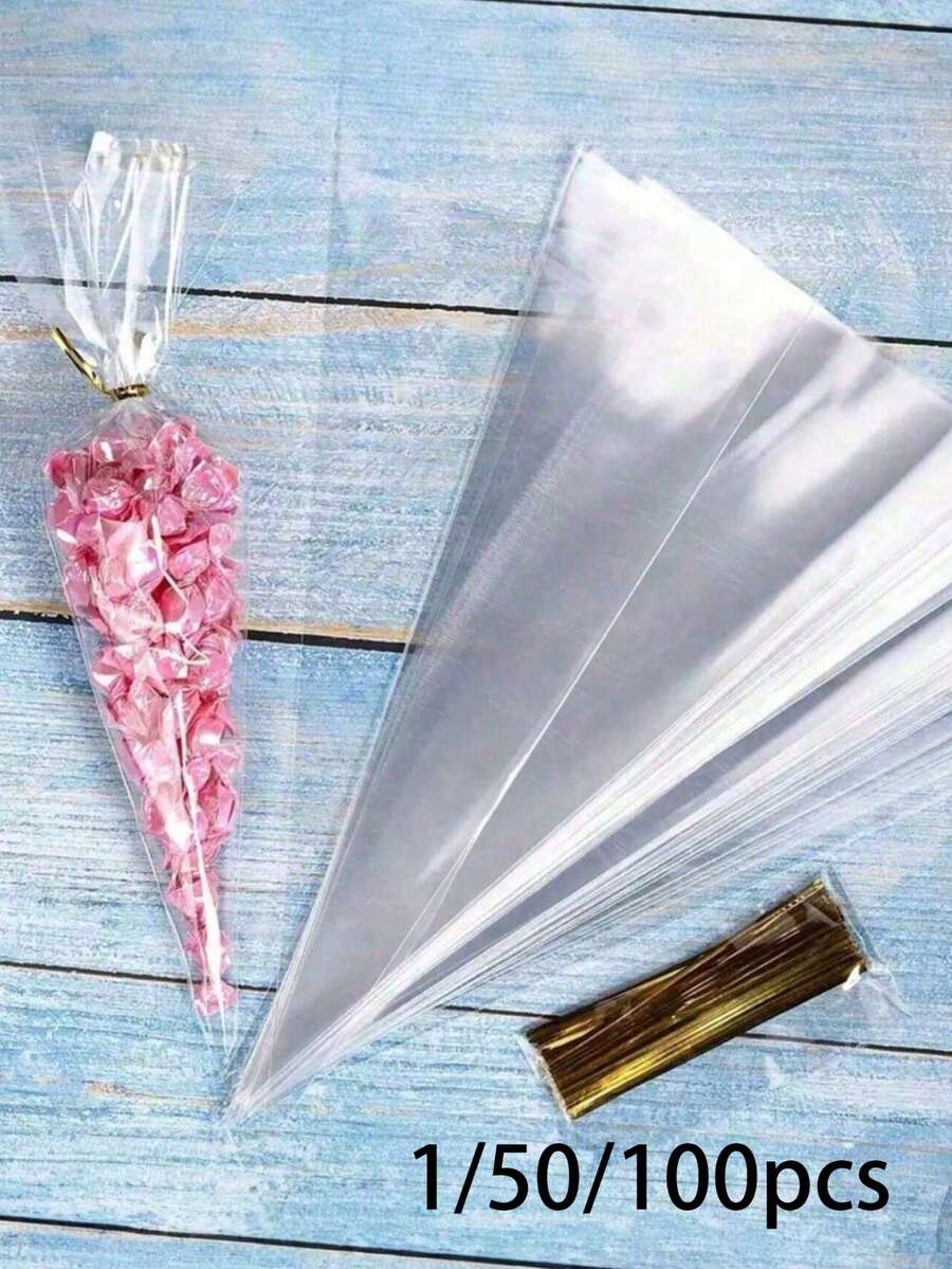 50pcs/100pcs/Pack OPP Bags, Suitable For DIY Wedding Birthday Party, Transparent Triangle Candy Food Bags, Food Bags/Boxes, Wedding Favors, Birthday Party Decoration, Perfect For Baking, Candy, Pastry And Snack Packaging, Wedding Party Gift Bags, Christmas - Multicolor - View 1