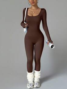 Seamless Shaping Jumpsuit - Ribbed Design & Tummy Control For Yoga, Running, Daily Wear - Coffee Brown - View 3