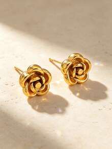 VceTd 2PCS French Romantic Style Rose Shaped Stainless Steel Earrings/Necklace Jewelry Set For Women, Suitable For Dating, Commuting Or Holiday Gift For Loved Ones - Yellow Gold - View 8