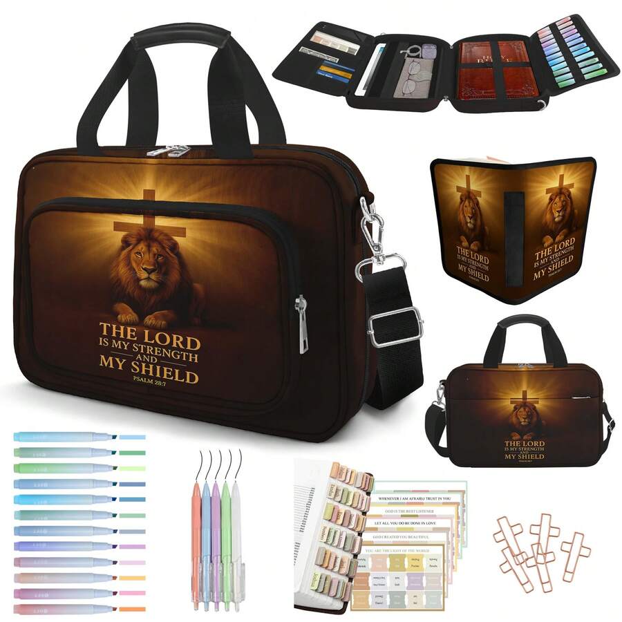 Lion Cross Bible Cover Case For Mens, Large Bible Carrying Book Case Church Bag With Strap & Handle Zipper Pocket, Bible Study Supplies Journaling Kit, Highlighters Tabs Pens Cross Clips - View 1