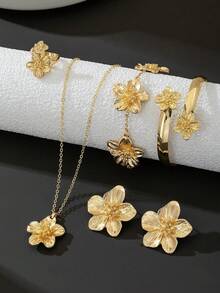 6pcs Fashionable Children's Jewelry Set, Exquisite Floral Design, Suitable For Daily Casual Wear, Ideal Gift For Kids - Gold - View 8