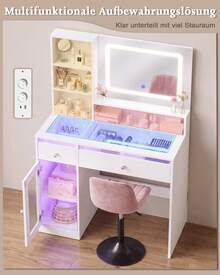 Devoko tocador con espejo LED, iluminación RGB y modo música, tocador con superficie de cristal, cajones, estante abierto, regleta de enchufes, USB/Tipo C y función de temporizador, blanco - Ver 7