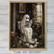 Ghost Reading Newspaper On Toilet Canvas Painting - Whimsical Bathroom Wall Decor, Vintage Gothic Poster - Dark Academia Home Office, Bedroom, Cabin Decor - Halloween Themed Unframed Art - F - View 5