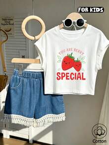 Girls' Summer Short-Sleeve T-Shirt, Fitted T-Shirt, Cotton Knit Fabric, Fashionable Street Styl,  Cute Strawberry Print - White - View 1