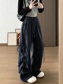 春/夏韓式彈性腰顯瘦綁帶蝴蝶結寬鬆寬腿運動長褲女款 - 藏蓝色 - 查看 2