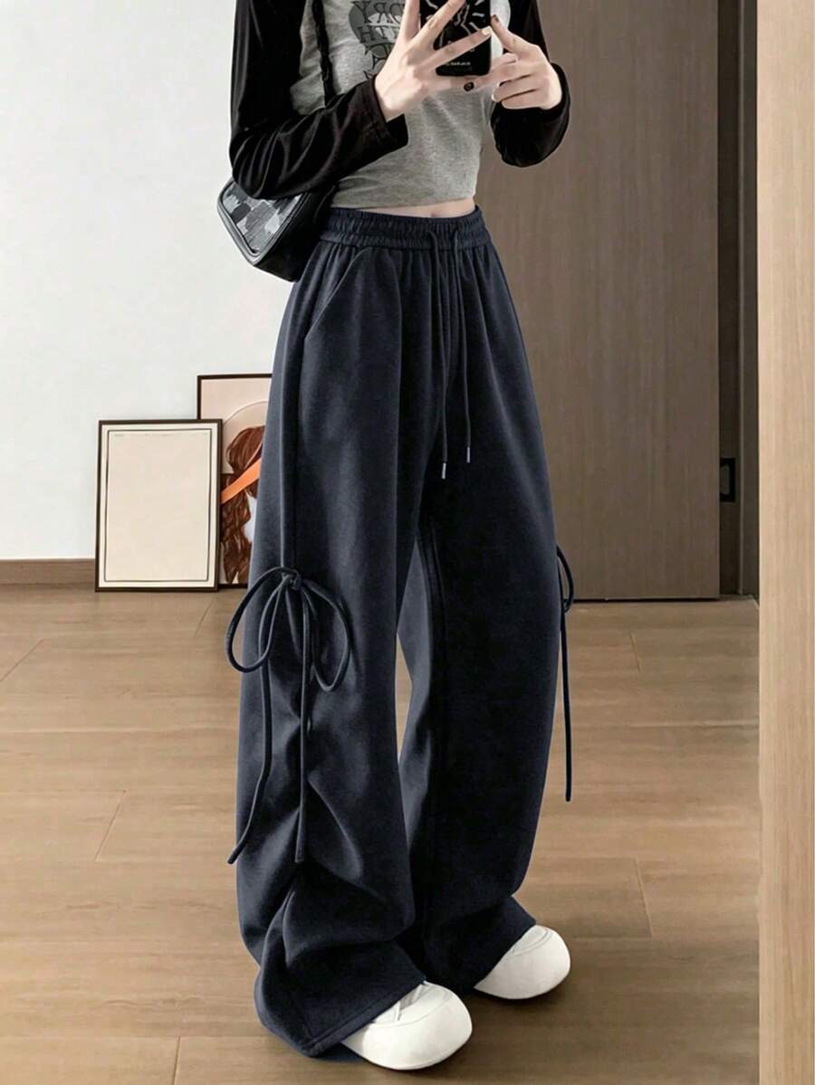 春/夏韓式彈性腰顯瘦綁帶蝴蝶結寬鬆寬腿運動長褲女款