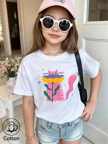 Summer & Autumn Girls' Cotton Short Sleeve T-Shirt, Cute Sweet Girly Preppy Style With Fun Printed Graphics - White - View 2