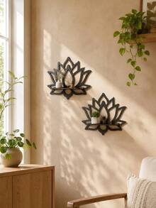 1pc Lotus Shaped Wall Mounted Floating Shelf, Boho Style Home Decor, Black Wooden Lotus Flower Rack, Decorative Wall Storage Organizer For Plants, Candles, Incense, Suitable For Bedroom, Bathroom, Balcony, Space-Saving Wall Hanging Rack - Multicolor - View 2